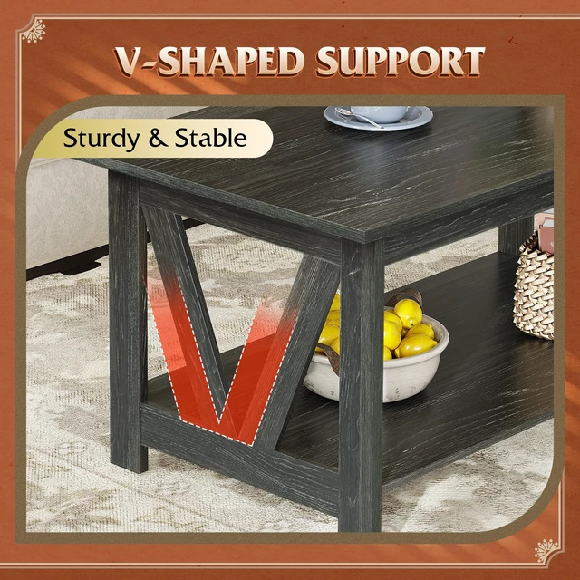 Alt view image 4 of 7 - 39.4" Farmhouse Coffee Table,Wood Center Table Storage Charcoal Black | Sturdy V-Frame Design Supports 130 Lbs, 2-Tier Open Storage Shelf For Decor, Books, Small Center Table Living Room, Office
