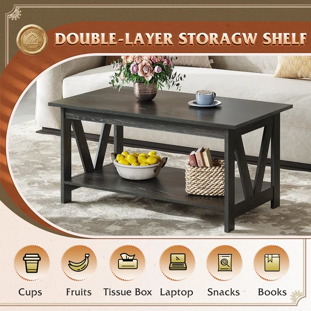 Alt view image 5 of 7 - 39.4" Farmhouse Coffee Table,Wood Center Table Storage Charcoal Black | Sturdy V-Frame Design Supports 130 Lbs, 2-Tier Open Storage Shelf For Decor, Books, Small Center Table Living Room, Office