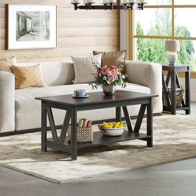 Alt view image 7 of 7 - 39.4" Farmhouse Coffee Table,Wood Center Table Storage Charcoal Black | Sturdy V-Frame Design Supports 130 Lbs, 2-Tier Open Storage Shelf For Decor, Books, Small Center Table Living Room, Office