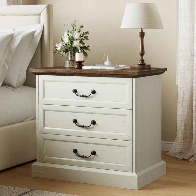 Main image of Nightstand with Charging Station, 3 Drawer Night Stand | 22 Inch Wider Side Table with Storage, Farmhouse Nightstand with Vintage Handles, Thicken Base, for Bedroom, Distressed White
