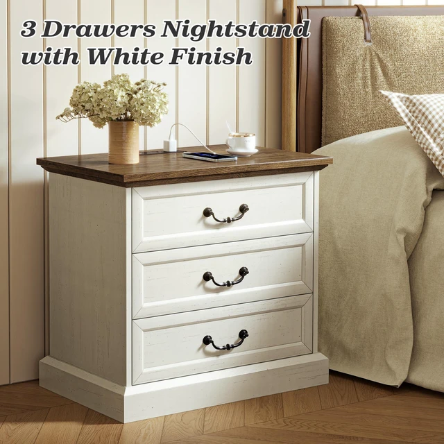 Alt view image 2 of 7 - Nightstand with Charging Station, 3 Drawer Night Stand | 22 Inch Wider Side Table with Storage, Farmhouse Nightstand with Vintage Handles, Thicken Base, for Bedroom, Distressed White