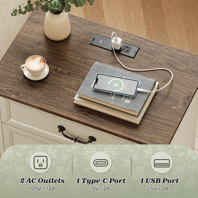 Alt view image 3 of 7 - Nightstand with Charging Station, 3 Drawer Night Stand | 22 Inch Wider Side Table with Storage, Farmhouse Nightstand with Vintage Handles, Thicken Base, for Bedroom, Distressed White