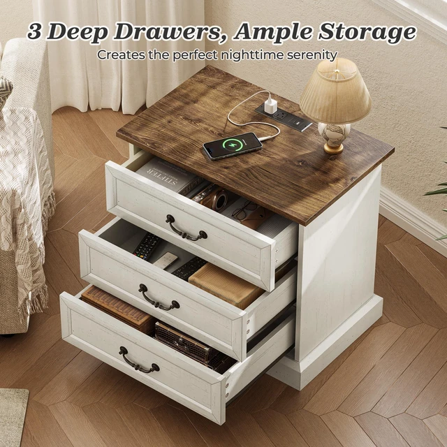 Alt view image 4 of 7 - Nightstand with Charging Station, 3 Drawer Night Stand | 22 Inch Wider Side Table with Storage, Farmhouse Nightstand with Vintage Handles, Thicken Base, for Bedroom, Distressed White