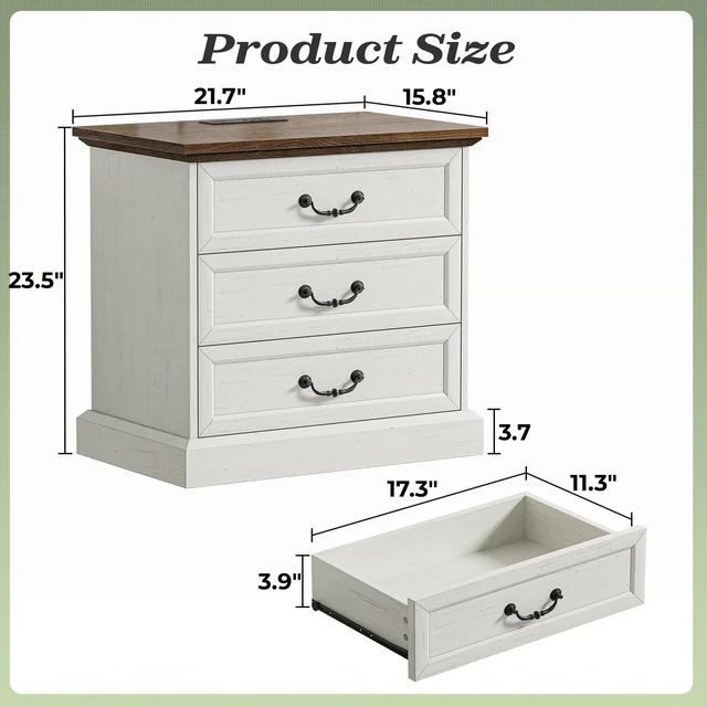 Alt view image 7 of 7 - Nightstand with Charging Station, 3 Drawer Night Stand | 22 Inch Wider Side Table with Storage, Farmhouse Nightstand with Vintage Handles, Thicken Base, for Bedroom, Distressed White