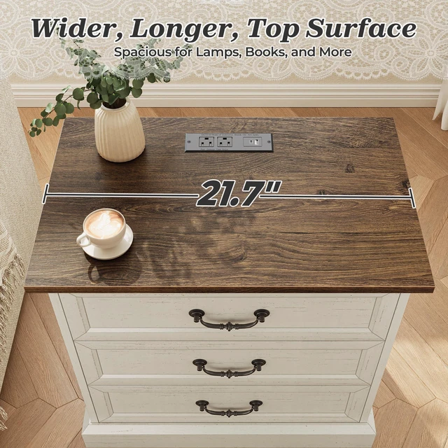Alt view image 6 of 7 - Nightstand with Charging Station, 3 Drawer Night Stand | 22 Inch Wider Side Table with Storage, Farmhouse Nightstand with Vintage Handles, Thicken Base, for Bedroom, Distressed White