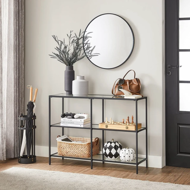 Alt view image 2 of 7 - 39.4 Inchs Console Table with 3 Shelves, Tempered Glass Shelf | Modern Sofa Table, Metal Frame, for Entryway Living Room Bedroom, Classic Black and Transparent, BARIS Collection ULGT027B01