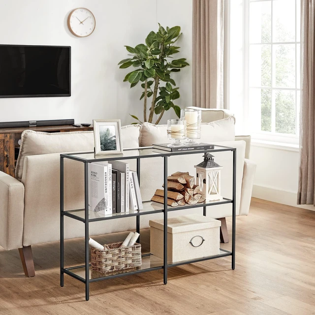 Alt view image 3 of 7 - 39.4 Inchs Console Table with 3 Shelves, Tempered Glass Shelf | Modern Sofa Table, Metal Frame, for Entryway Living Room Bedroom, Classic Black and Transparent, BARIS Collection ULGT027B01