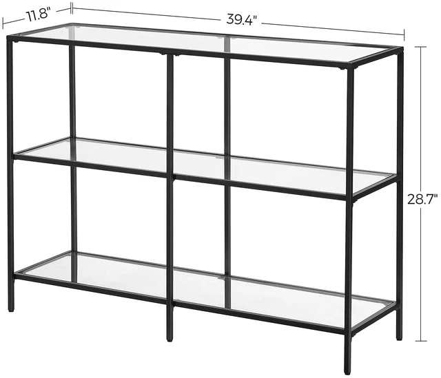 Alt view image 4 of 7 - 39.4 Inchs Console Table with 3 Shelves, Tempered Glass Shelf | Modern Sofa Table, Metal Frame, for Entryway Living Room Bedroom, Classic Black and Transparent, BARIS Collection ULGT027B01