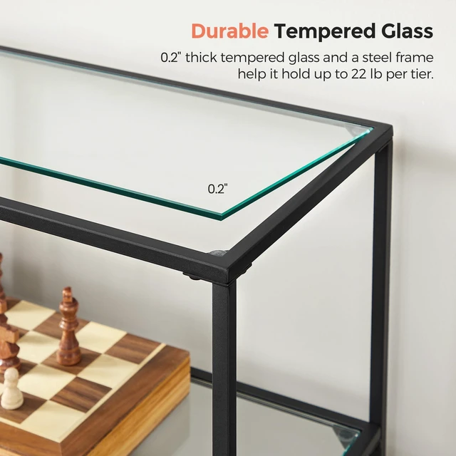 Alt view image 5 of 7 - 39.4 Inchs Console Table with 3 Shelves, Tempered Glass Shelf | Modern Sofa Table, Metal Frame, for Entryway Living Room Bedroom, Classic Black and Transparent, BARIS Collection ULGT027B01