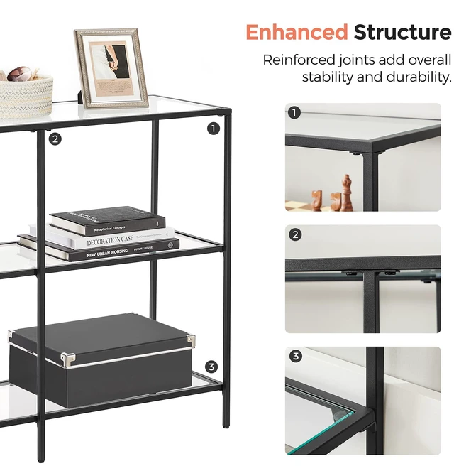 Alt view image 6 of 7 - 39.4 Inchs Console Table with 3 Shelves, Tempered Glass Shelf | Modern Sofa Table, Metal Frame, for Entryway Living Room Bedroom, Classic Black and Transparent, BARIS Collection ULGT027B01