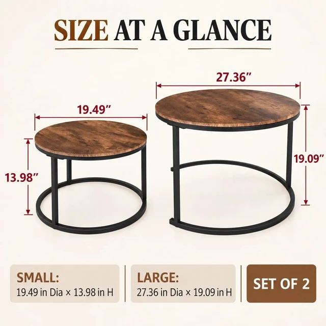Alt view image 3 of 7 - Round Coffee Table,Nesting Coffee Table Set of 2,Rustic Brown | Center Table for Living Room,Small Apartment,Small Space,Stacking Side Tables,Wood Tabletop,Sturdy and Easy Assembly,Large