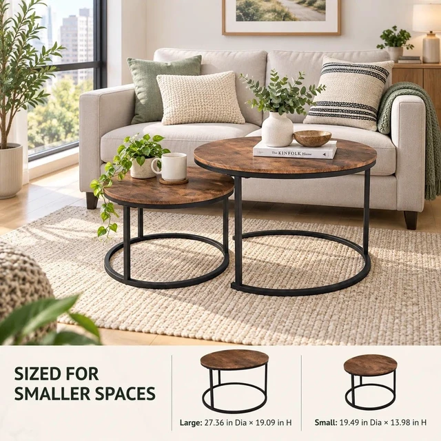 Alt view image 2 of 7 - Round Coffee Table,Nesting Coffee Table Set of 2,Rustic Brown | Center Table for Living Room,Small Apartment,Small Space,Stacking Side Tables,Wood Tabletop,Sturdy and Easy Assembly,Large