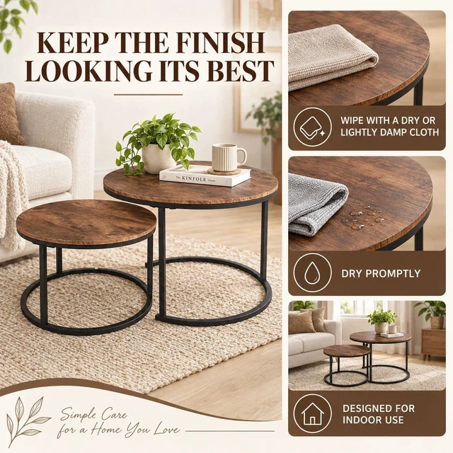 Alt view image 4 of 7 - Round Coffee Table,Nesting Coffee Table Set of 2,Rustic Brown | Center Table for Living Room,Small Apartment,Small Space,Stacking Side Tables,Wood Tabletop,Sturdy and Easy Assembly,Large