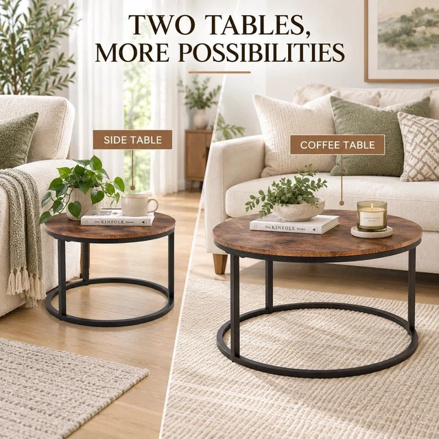 Alt view image 6 of 7 - Round Coffee Table,Nesting Coffee Table Set of 2,Rustic Brown | Center Table for Living Room,Small Apartment,Small Space,Stacking Side Tables,Wood Tabletop,Sturdy and Easy Assembly,Large