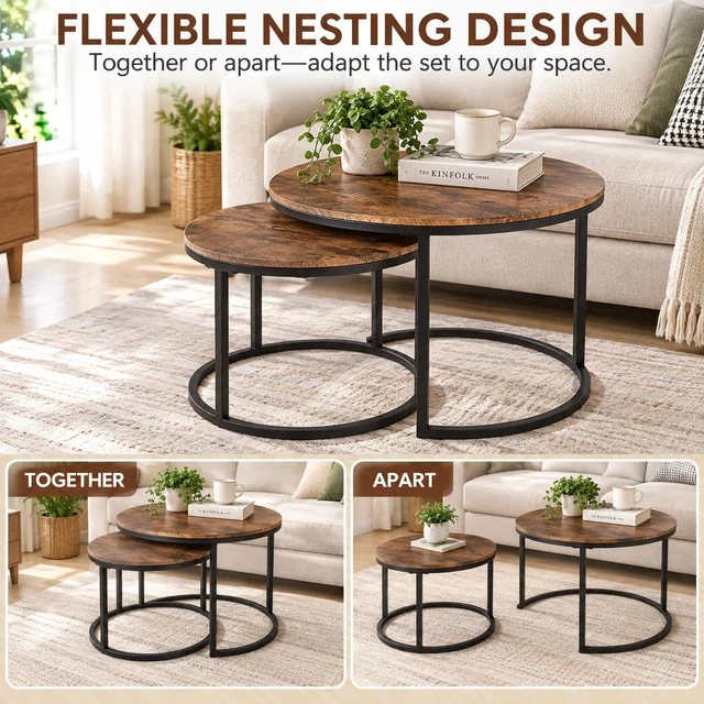 Alt view image 7 of 7 - Round Coffee Table,Nesting Coffee Table Set of 2,Rustic Brown | Center Table for Living Room,Small Apartment,Small Space,Stacking Side Tables,Wood Tabletop,Sturdy and Easy Assembly,Large