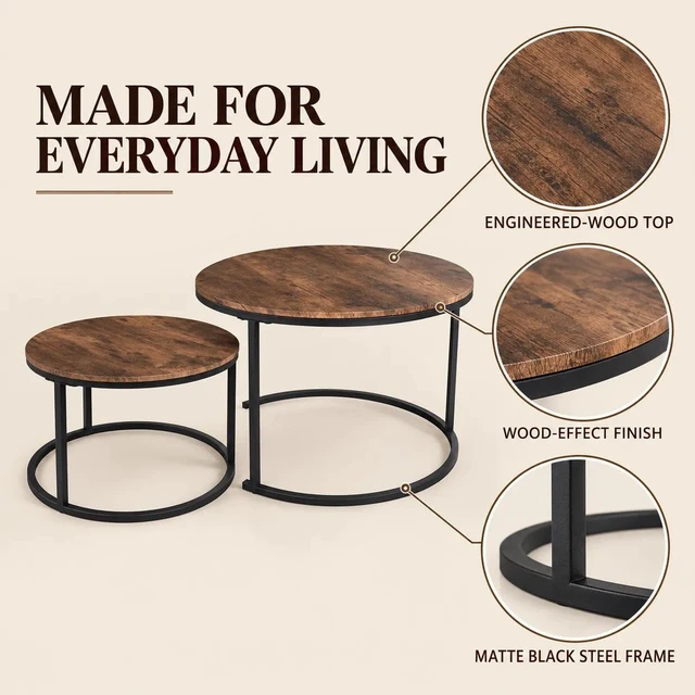 Alt view image 5 of 7 - Round Coffee Table,Nesting Coffee Table Set of 2,Rustic Brown | Center Table for Living Room,Small Apartment,Small Space,Stacking Side Tables,Wood Tabletop,Sturdy and Easy Assembly,Large