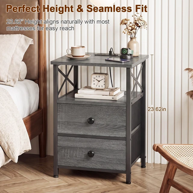 Alt view image 2 of 7 - Nightstands Set of 2, Large Night Stand with Charging Station | Bedside Table with 2 Fabric Drawers, End Side Tables Living Room, with Open Shelf, USB Ports Outlets, for Bedroom, Dark Grey