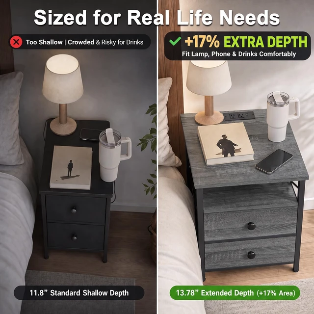 Alt view image 4 of 7 - Nightstands Set of 2, Large Night Stand with Charging Station | Bedside Table with 2 Fabric Drawers, End Side Tables Living Room, with Open Shelf, USB Ports Outlets, for Bedroom, Dark Grey