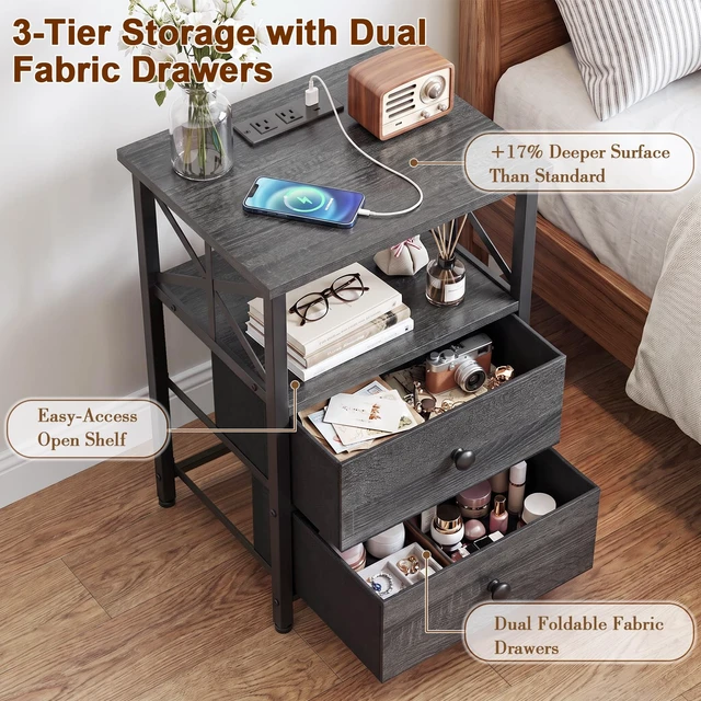 Alt view image 5 of 7 - Nightstands Set of 2, Large Night Stand with Charging Station | Bedside Table with 2 Fabric Drawers, End Side Tables Living Room, with Open Shelf, USB Ports Outlets, for Bedroom, Dark Grey