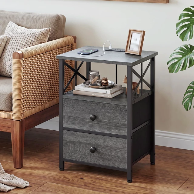Alt view image 6 of 7 - Nightstands Set of 2, Large Night Stand with Charging Station | Bedside Table with 2 Fabric Drawers, End Side Tables Living Room, with Open Shelf, USB Ports Outlets, for Bedroom, Dark Grey
