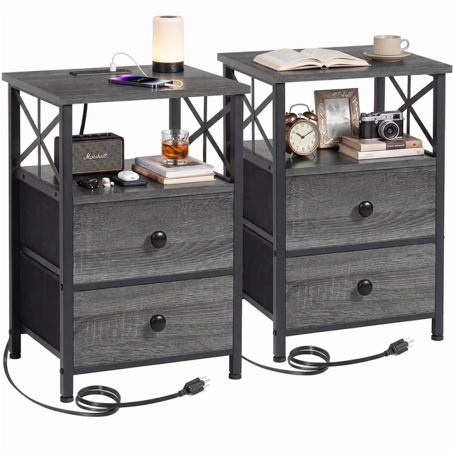 Main image of Nightstands Set of 2, Large Night Stand with Charging Station | Bedside Table with 2 Fabric Drawers, End Side Tables Living Room, with Open Shelf, USB Ports Outlets, for Bedroom, Dark Grey