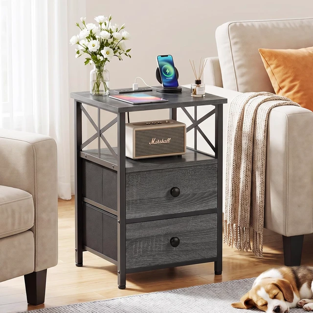 Alt view image 7 of 7 - Nightstands Set of 2, Large Night Stand with Charging Station | Bedside Table with 2 Fabric Drawers, End Side Tables Living Room, with Open Shelf, USB Ports Outlets, for Bedroom, Dark Grey