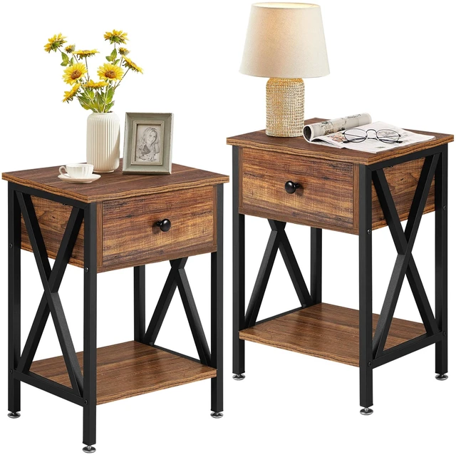 Main image of Nightstands Set of 2, Modern Bedside End Tables, Night Stands with Drawer and Storage Shelf for Living Room Bedroom, Industrial Metal Frame