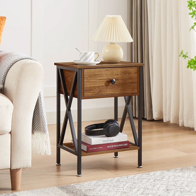 Alt view image 2 of 7 - Nightstands Set of 2, Modern Bedside End Tables, Night Stands with Drawer and Storage Shelf for Living Room Bedroom, Industrial Metal Frame
