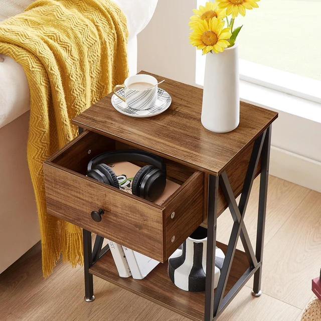 Alt view image 6 of 7 - Nightstands Set of 2, Modern Bedside End Tables, Night Stands with Drawer and Storage Shelf for Living Room Bedroom, Industrial Metal Frame