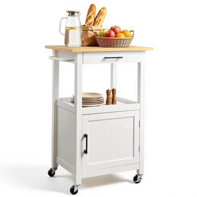 Main image of Kitchen Island Cart with Single Door Cabinet, Mobile Carts with Drawer, Towel Rack, Hooks, Portable Table on Swivel Wheels, Small Coffee Islands Microwave Stand for Dining Room, 18x23 in, White