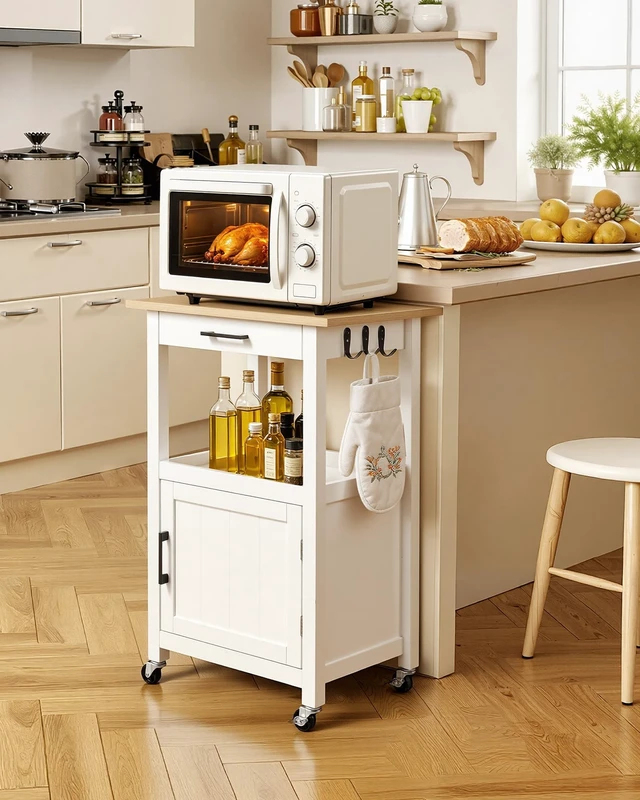 Alt view image 2 of 7 - Kitchen Island Cart with Single Door Cabinet, Mobile Carts with Drawer, Towel Rack, Hooks, Portable Table on Swivel Wheels, Small Coffee Islands Microwave Stand for Dining Room, 18x23 in, White