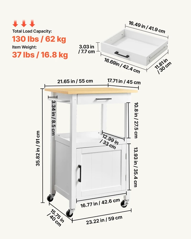 Alt view image 3 of 7 - Kitchen Island Cart with Single Door Cabinet, Mobile Carts with Drawer, Towel Rack, Hooks, Portable Table on Swivel Wheels, Small Coffee Islands Microwave Stand for Dining Room, 18x23 in, White