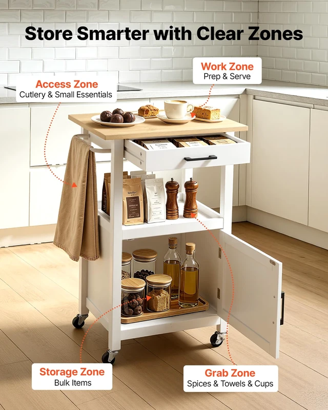 Alt view image 4 of 7 - Kitchen Island Cart with Single Door Cabinet, Mobile Carts with Drawer, Towel Rack, Hooks, Portable Table on Swivel Wheels, Small Coffee Islands Microwave Stand for Dining Room, 18x23 in, White