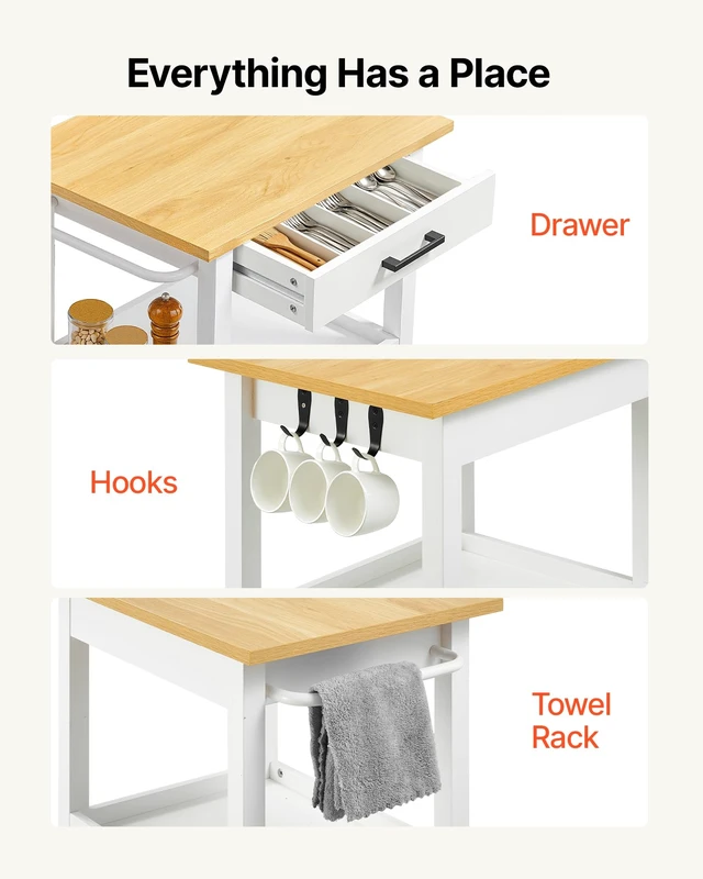 Alt view image 6 of 7 - Kitchen Island Cart with Single Door Cabinet, Mobile Carts with Drawer, Towel Rack, Hooks, Portable Table on Swivel Wheels, Small Coffee Islands Microwave Stand for Dining Room, 18x23 in, White