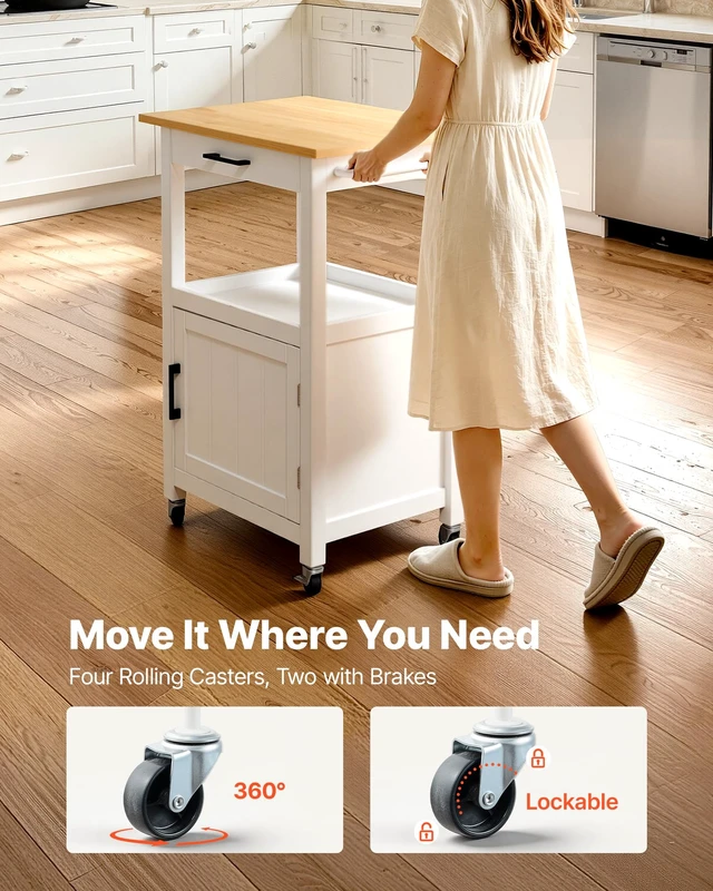 Alt view image 7 of 7 - Kitchen Island Cart with Single Door Cabinet, Mobile Carts with Drawer, Towel Rack, Hooks, Portable Table on Swivel Wheels, Small Coffee Islands Microwave Stand for Dining Room, 18x23 in, White