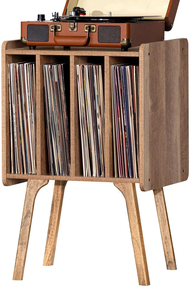 Main image of Record Player Stand, Oak Grey Vinyl Record Storage Table for LPs | Mid-Century Modern Turntable Stand with Wood Legs, 4 Cabinets, Up to 100 Albums, Vinyl Holder Shelf for Bedroom Living Room