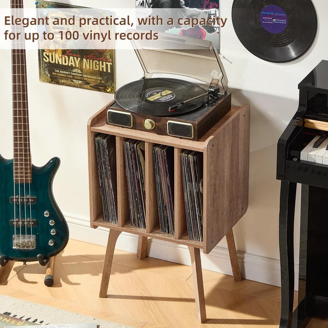 Alt view image 4 of 7 - Record Player Stand, Oak Grey Vinyl Record Storage Table for LPs | Mid-Century Modern Turntable Stand with Wood Legs, 4 Cabinets, Up to 100 Albums, Vinyl Holder Shelf for Bedroom Living Room