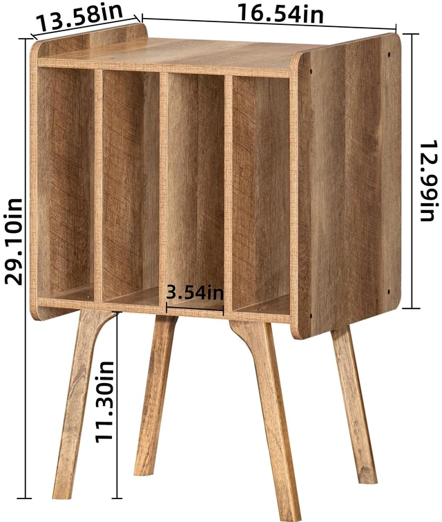 Alt view image 3 of 7 - Record Player Stand, Oak Grey Vinyl Record Storage Table for LPs | Mid-Century Modern Turntable Stand with Wood Legs, 4 Cabinets, Up to 100 Albums, Vinyl Holder Shelf for Bedroom Living Room