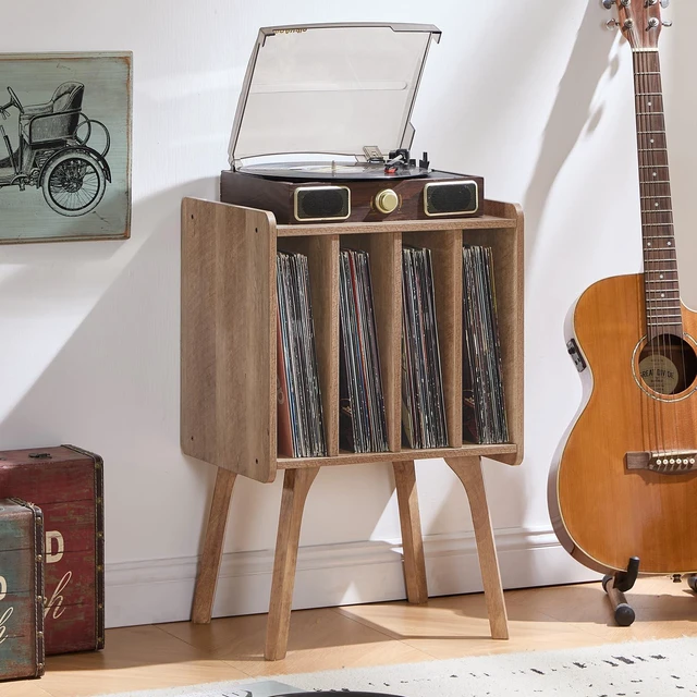 Alt view image 5 of 7 - Record Player Stand, Oak Grey Vinyl Record Storage Table for LPs | Mid-Century Modern Turntable Stand with Wood Legs, 4 Cabinets, Up to 100 Albums, Vinyl Holder Shelf for Bedroom Living Room