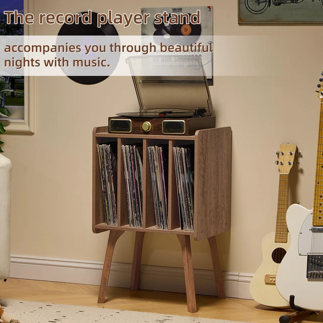 Alt view image 6 of 7 - Record Player Stand, Oak Grey Vinyl Record Storage Table for LPs | Mid-Century Modern Turntable Stand with Wood Legs, 4 Cabinets, Up to 100 Albums, Vinyl Holder Shelf for Bedroom Living Room