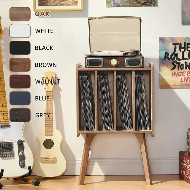Alt view image 7 of 7 - Record Player Stand, Oak Grey Vinyl Record Storage Table for LPs | Mid-Century Modern Turntable Stand with Wood Legs, 4 Cabinets, Up to 100 Albums, Vinyl Holder Shelf for Bedroom Living Room