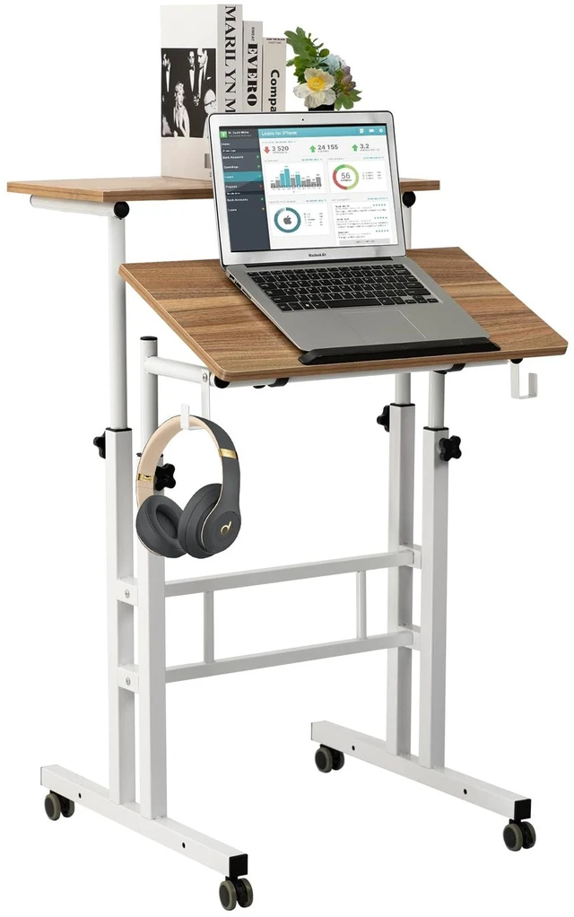 Main image of Small Standing Desk, Portable Stand Up Desk, Height Adjustable Mobile Standing Table Converter with Wheels Computer Workstations, Rolling Laptop Cart for Stand or Sit, Vintage Oak