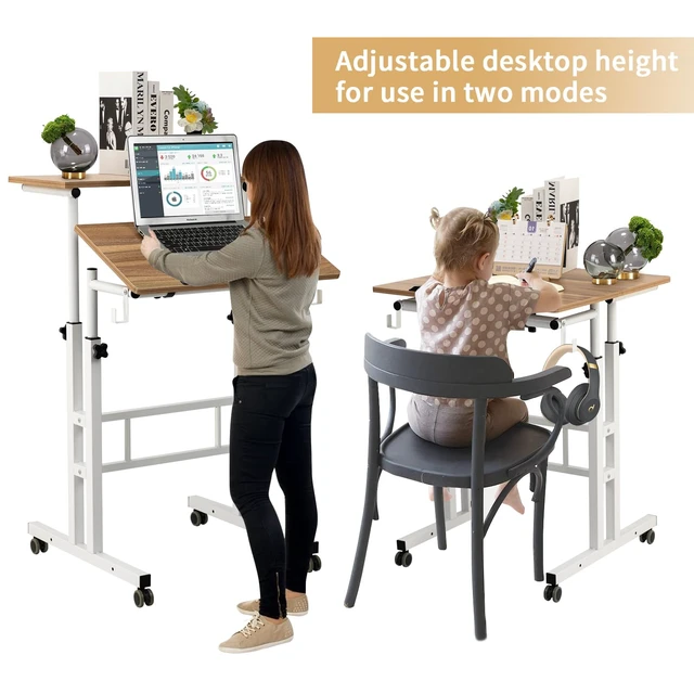 Alt view image 2 of 7 - Small Standing Desk, Portable Stand Up Desk, Height Adjustable Mobile Standing Table Converter with Wheels Computer Workstations, Rolling Laptop Cart for Stand or Sit, Vintage Oak