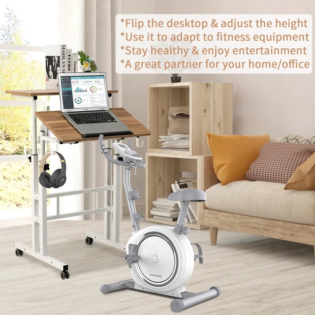 Alt view image 3 of 7 - Small Standing Desk, Portable Stand Up Desk, Height Adjustable Mobile Standing Table Converter with Wheels Computer Workstations, Rolling Laptop Cart for Stand or Sit, Vintage Oak
