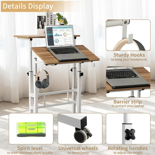 Alt view image 4 of 7 - Small Standing Desk, Portable Stand Up Desk, Height Adjustable Mobile Standing Table Converter with Wheels Computer Workstations, Rolling Laptop Cart for Stand or Sit, Vintage Oak