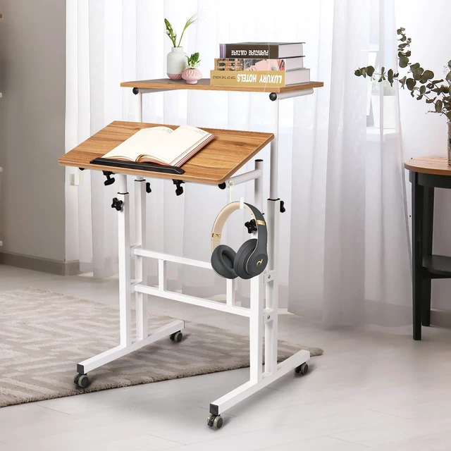 Alt view image 5 of 7 - Small Standing Desk, Portable Stand Up Desk, Height Adjustable Mobile Standing Table Converter with Wheels Computer Workstations, Rolling Laptop Cart for Stand or Sit, Vintage Oak