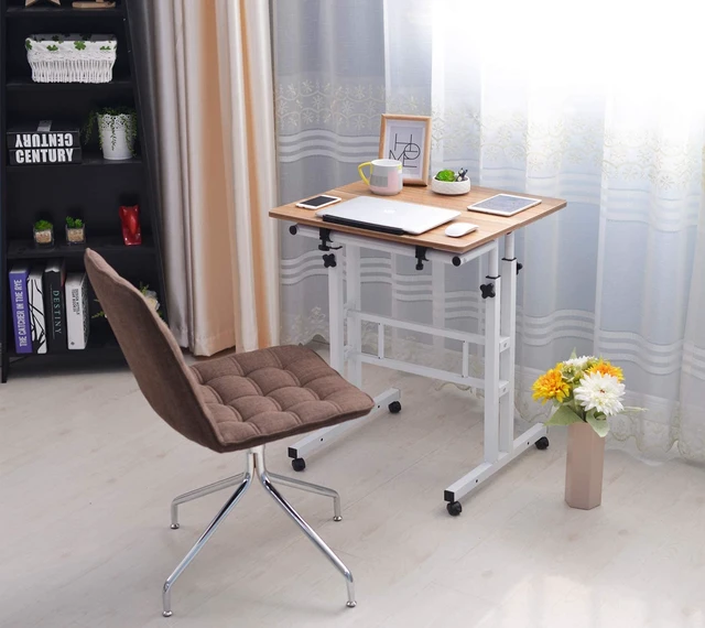 Alt view image 6 of 7 - Small Standing Desk, Portable Stand Up Desk, Height Adjustable Mobile Standing Table Converter with Wheels Computer Workstations, Rolling Laptop Cart for Stand or Sit, Vintage Oak