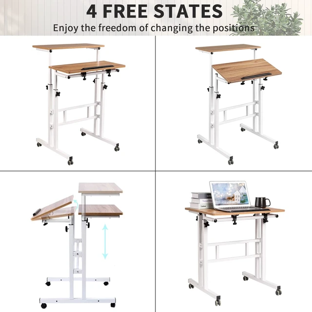 Alt view image 7 of 7 - Small Standing Desk, Portable Stand Up Desk, Height Adjustable Mobile Standing Table Converter with Wheels Computer Workstations, Rolling Laptop Cart for Stand or Sit, Vintage Oak