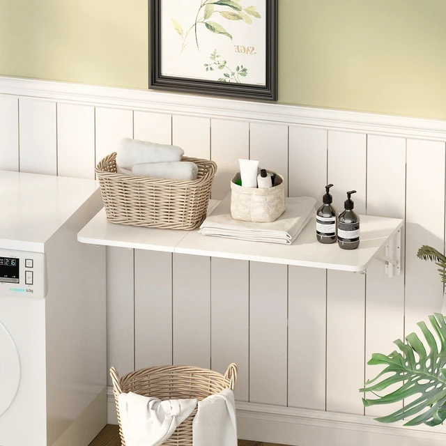 Alt view image 3 of 7 - Wall Mounted Folding Desk for Small Spaces - White, 29.9 x 15.7inch | Heavy-duty Brackets, Space-saving, Use as Home Office Computer Desk, Drop Leaf Dining Table, Laundry Shelf, or Balcony Table