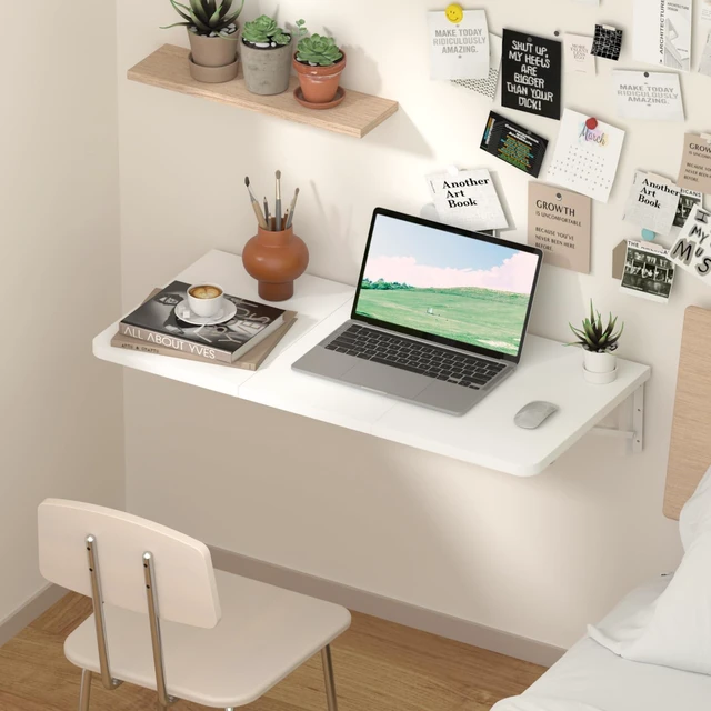 Alt view image 2 of 7 - Wall Mounted Folding Desk for Small Spaces - White, 29.9 x 15.7inch | Heavy-duty Brackets, Space-saving, Use as Home Office Computer Desk, Drop Leaf Dining Table, Laundry Shelf, or Balcony Table